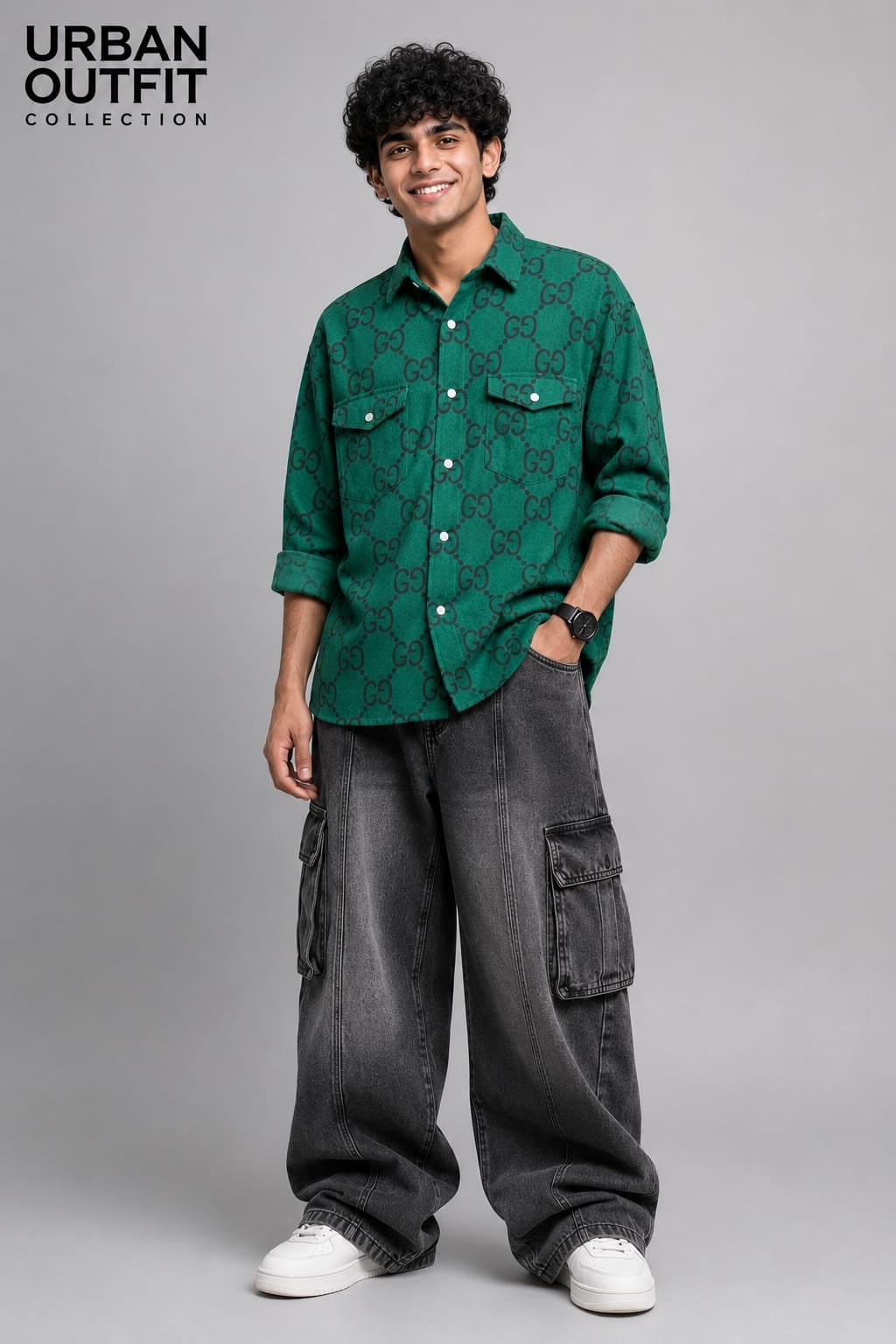 Men Green Monogram Print Overshirt
