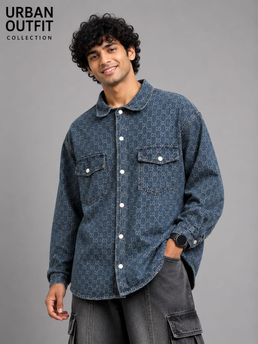 Men Blue Monogram Print Denim Overshirt