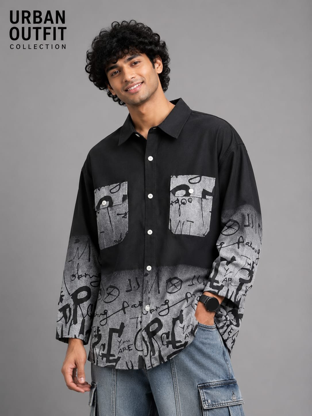 Men Black Graffiti Print Overshirt