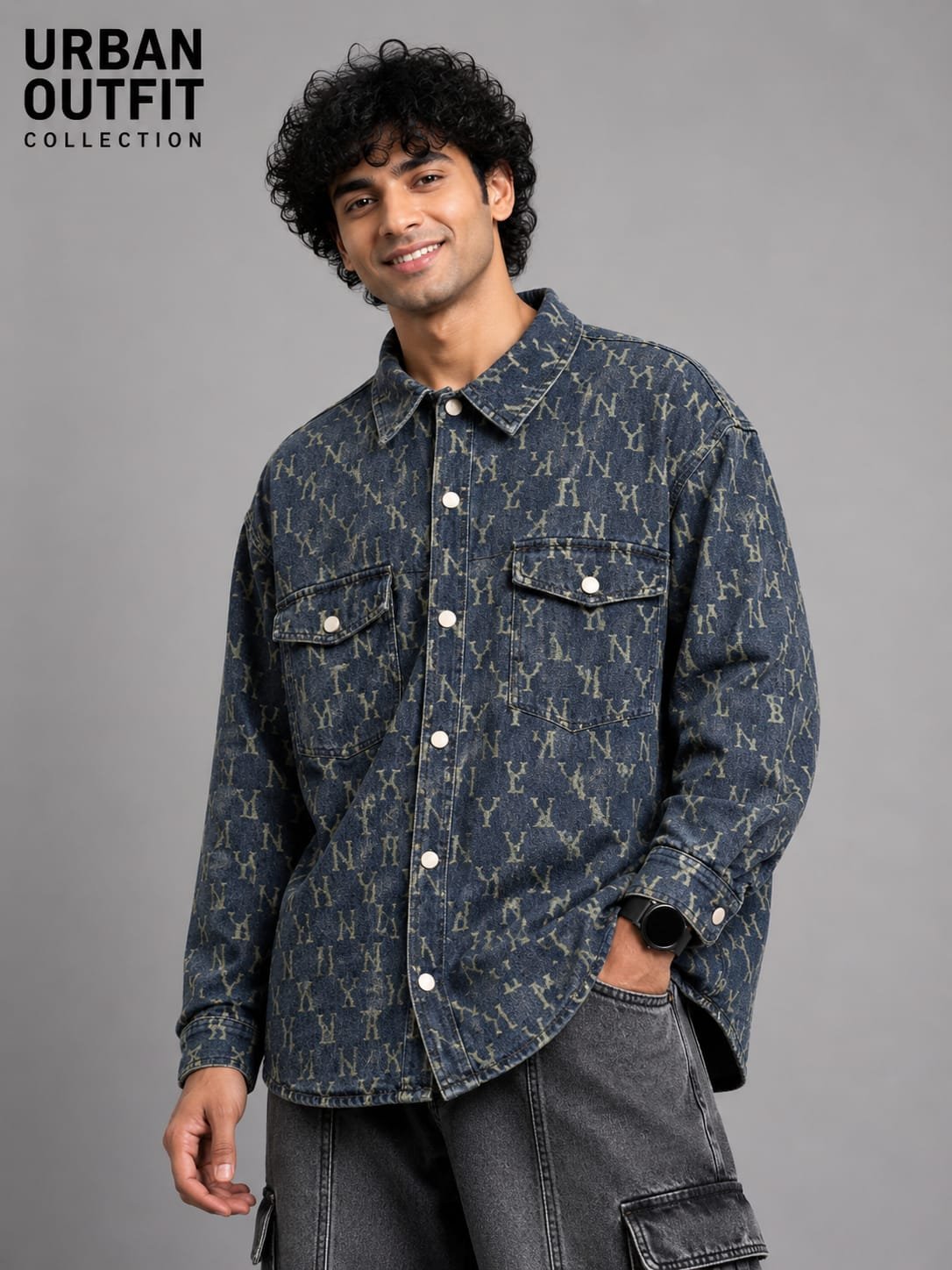 Men Navy Monogram Print Denim Overshirt