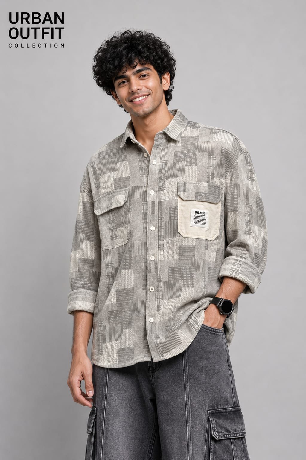 Men Beige Check Print Overshirt