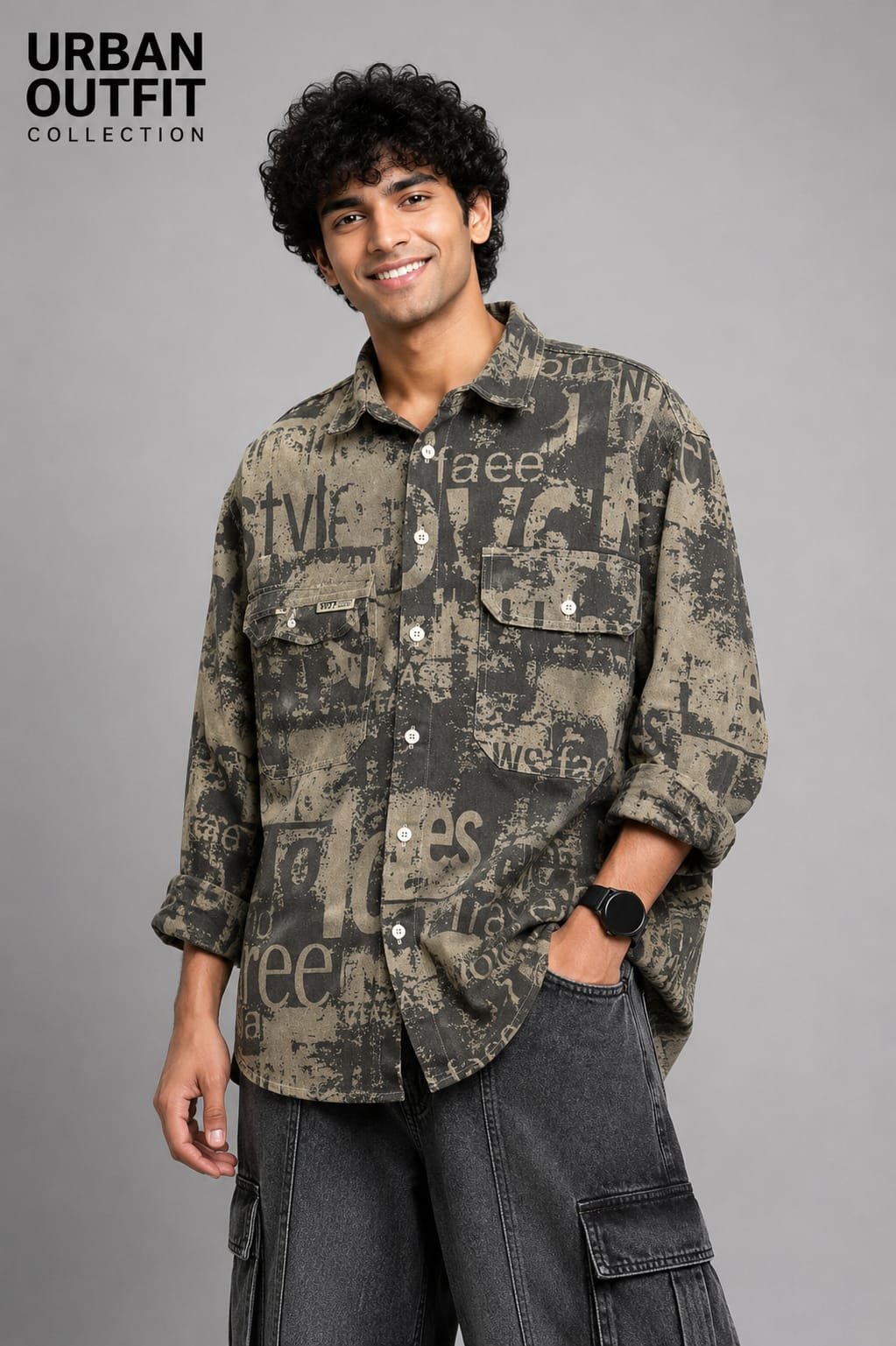 Men Olive Distressed Typography Overshirt