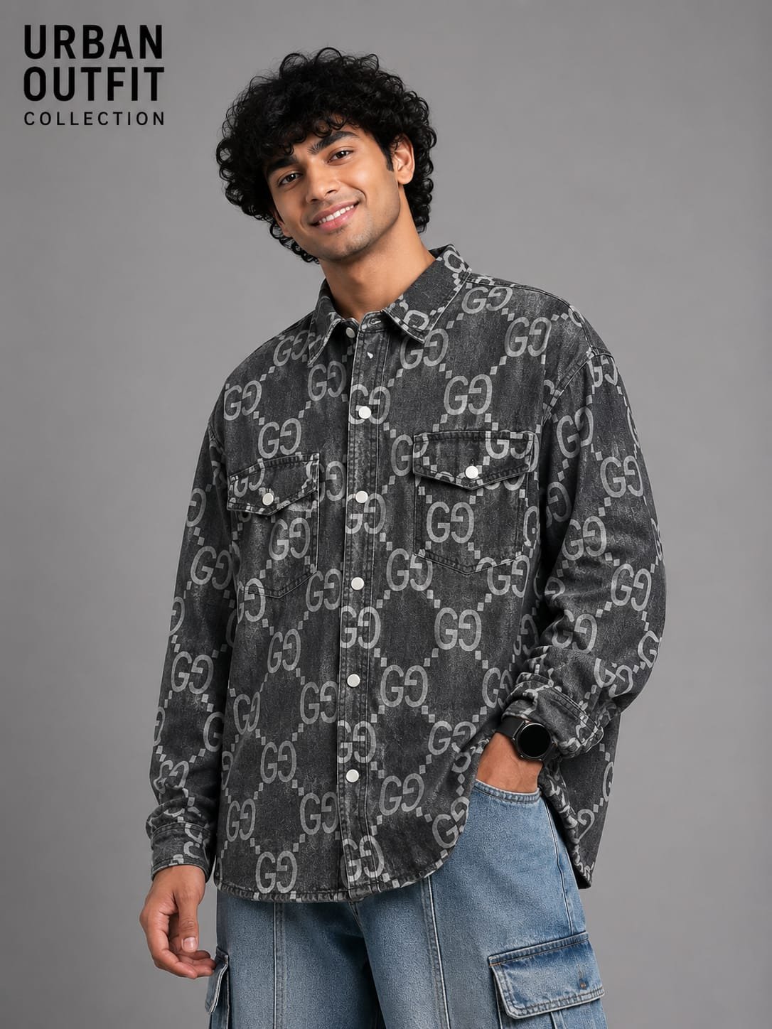 Men Black Monogram Print Denim Overshirt