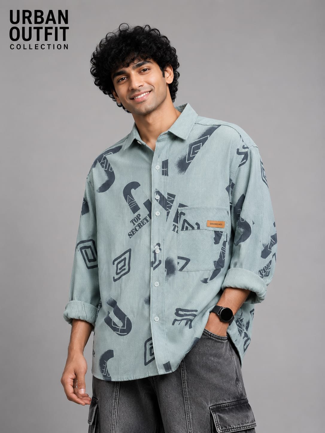Men Sage Green Corduroy Print Overshirt