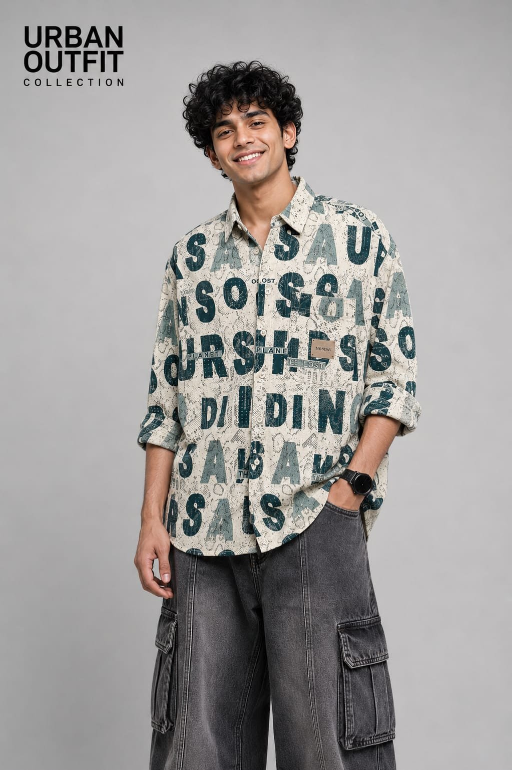 Men Off-White Teal Bold Letter Print Shirt