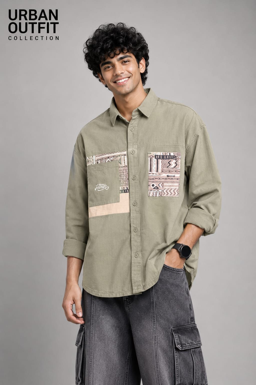 Men Olive Ethnic Patchwork Shirt