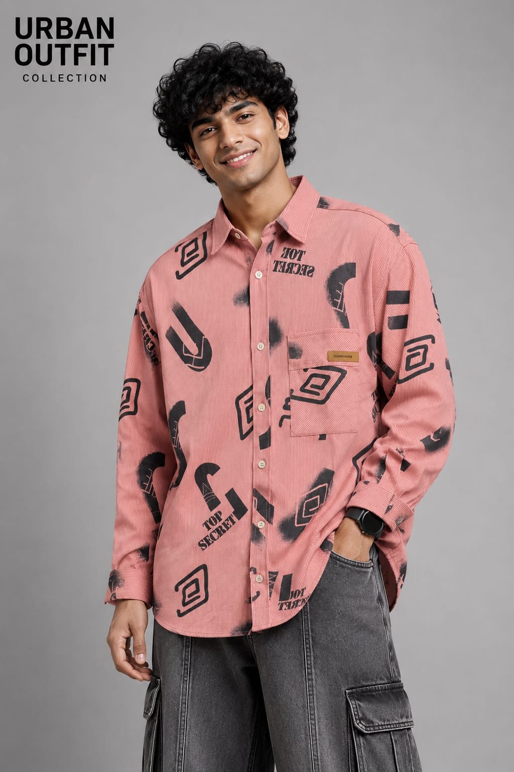 Men Dusty Pink Corduroy Print Overshirt