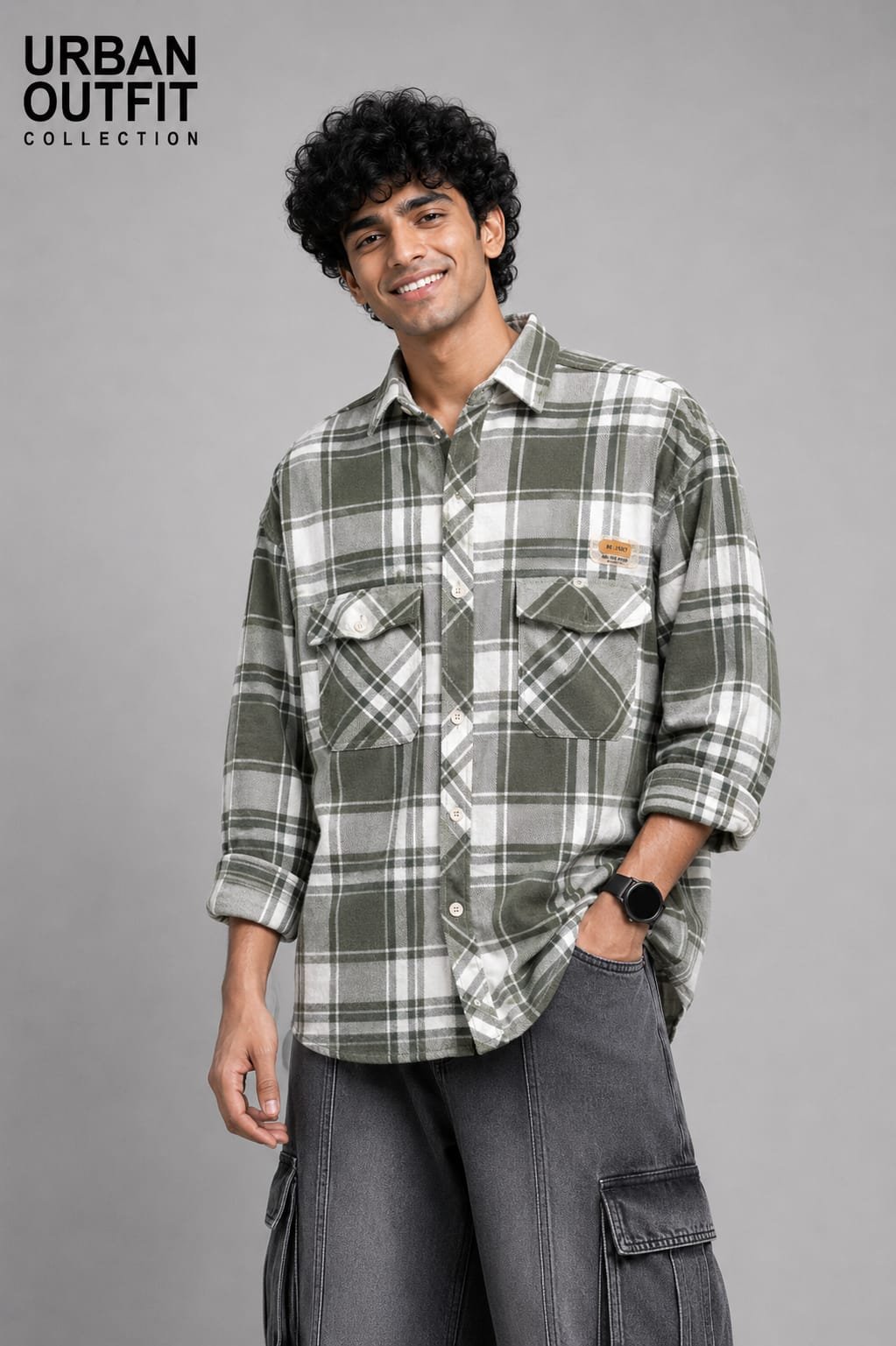 Men Olive Green Plaid Flannel Shirt