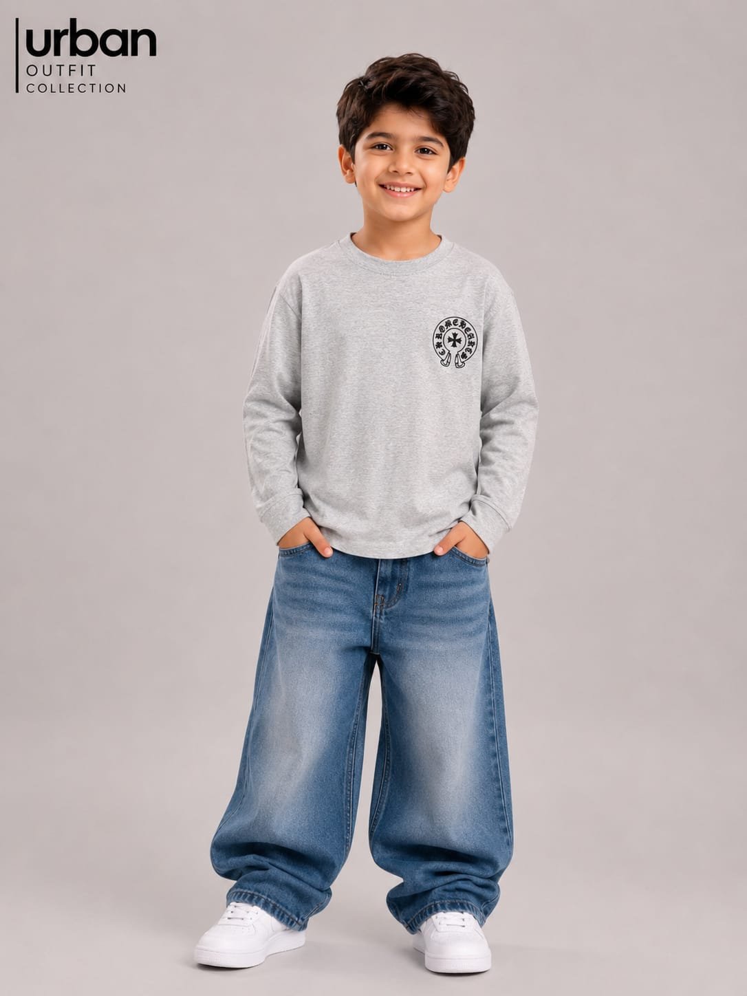 Kids Boxy Fit Long Sleeve T-Shirt Light Grey