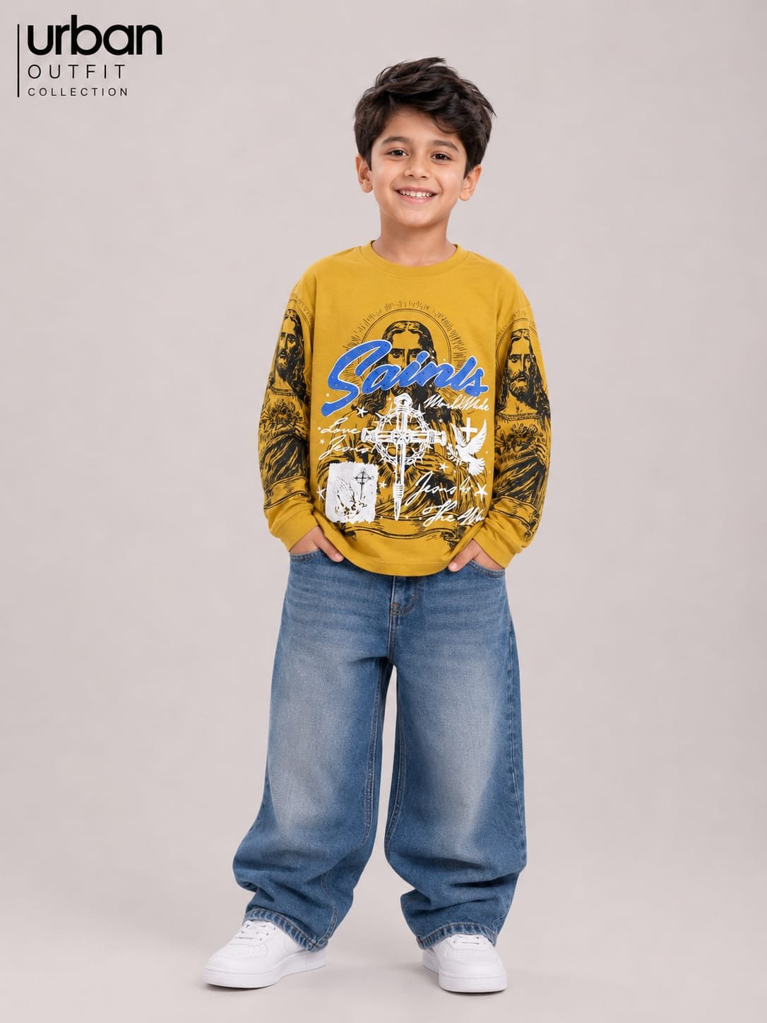 Kids Saints Boxy Fit Long Sleeve T-Shirt Mustard Yellow