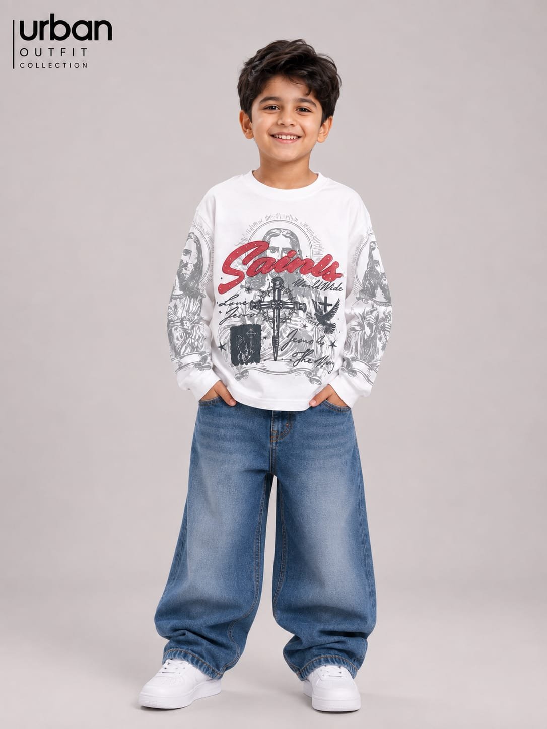 Kids Saints Boxy Fit Long Sleeve T-Shirt White