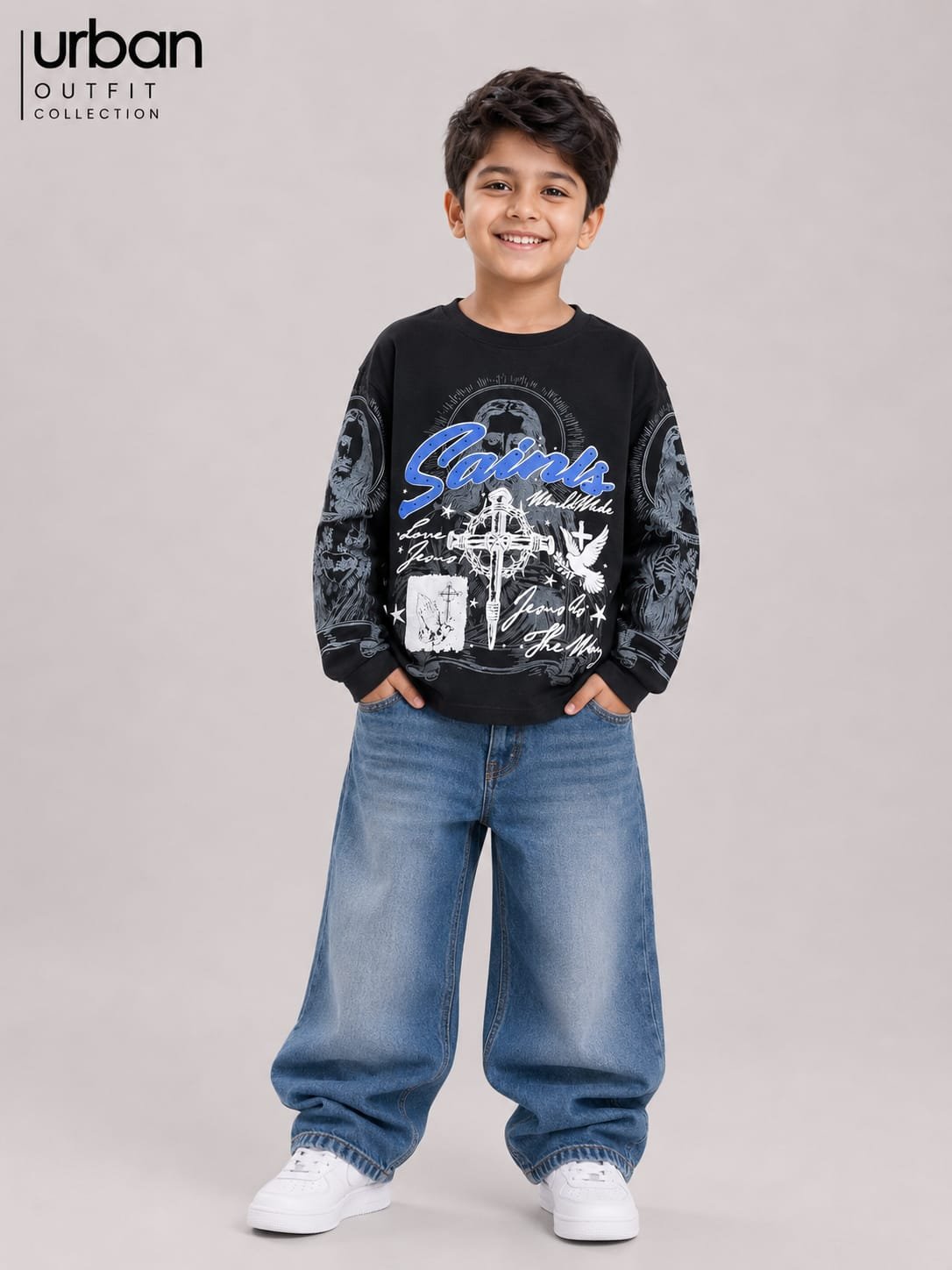 Kids Saints Boxy Fit Long Sleeve T-Shirt Black