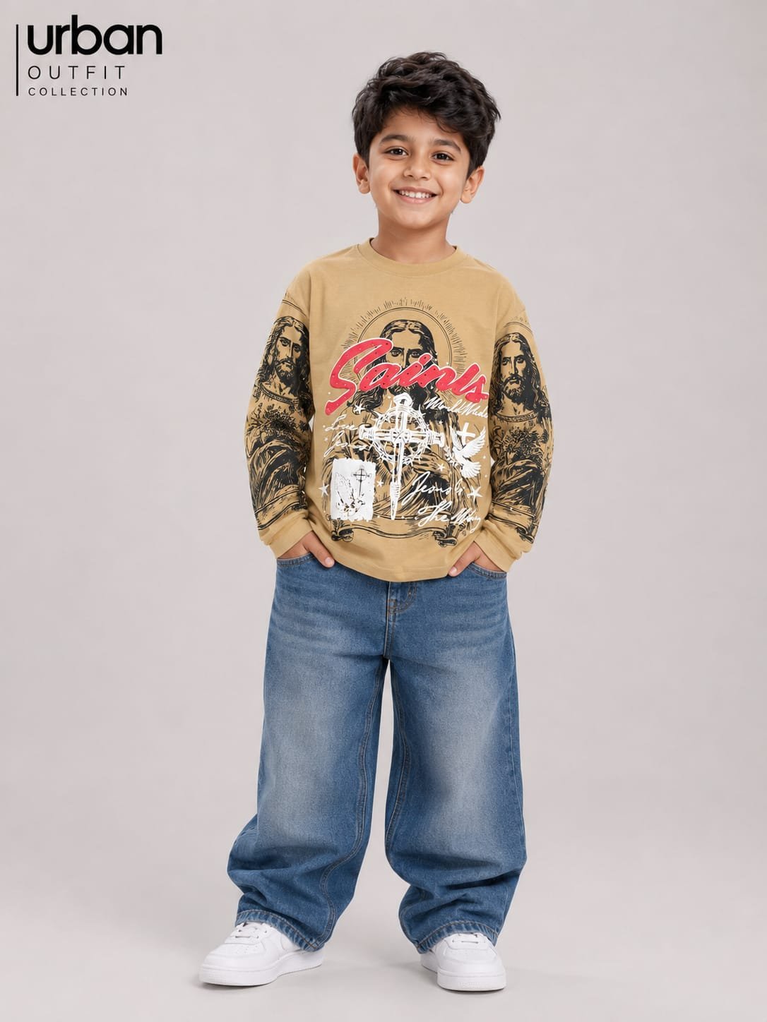 Kids Saints Boxy Fit Long Sleeve T-Shirt Light Camel