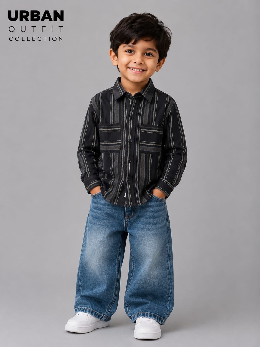 Kids Full Sleeve Plaid Flannel Shirt Black & Grey