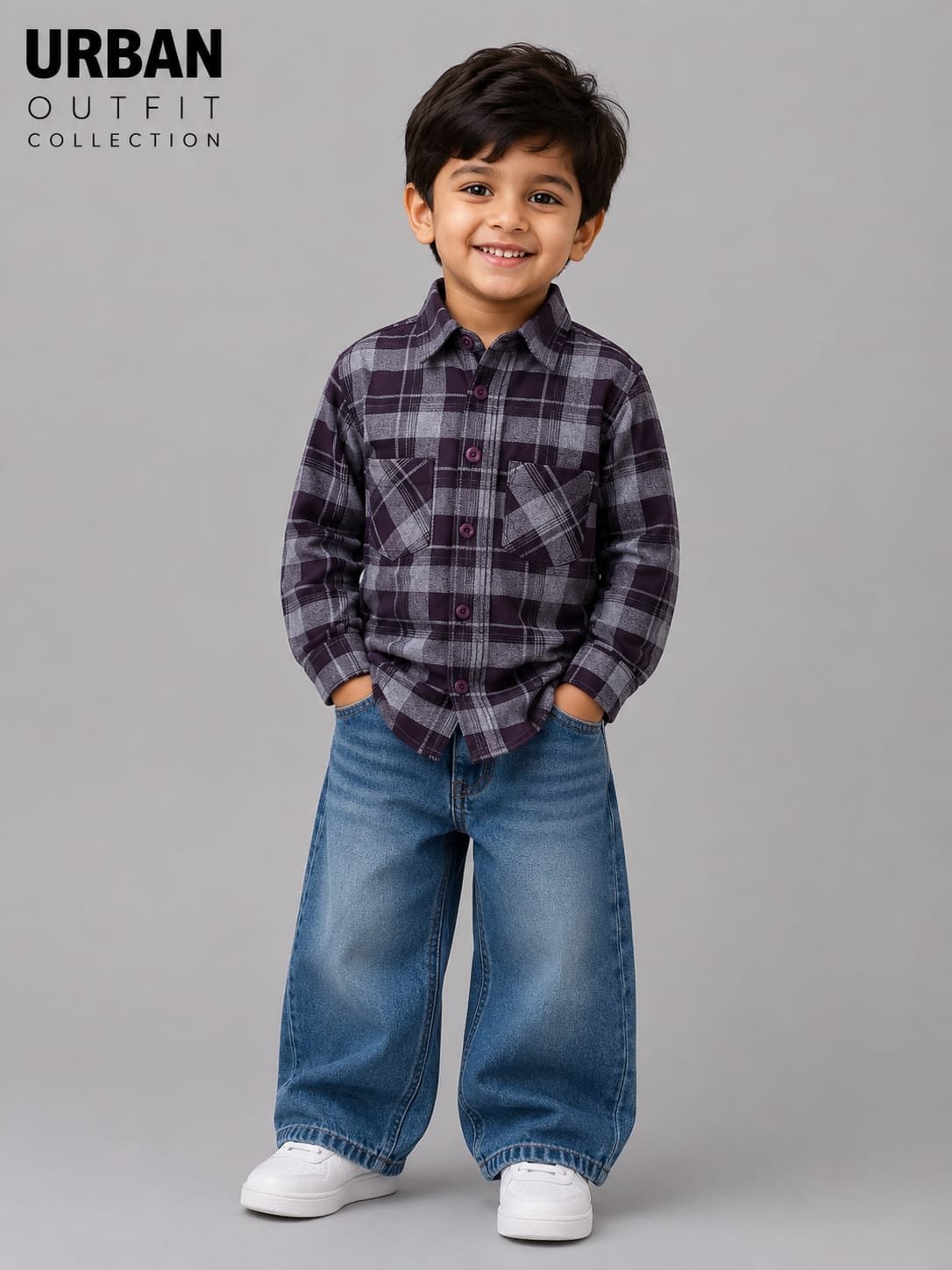 Kids Full Sleeve Plaid Flannel Shirt Purple & Grey