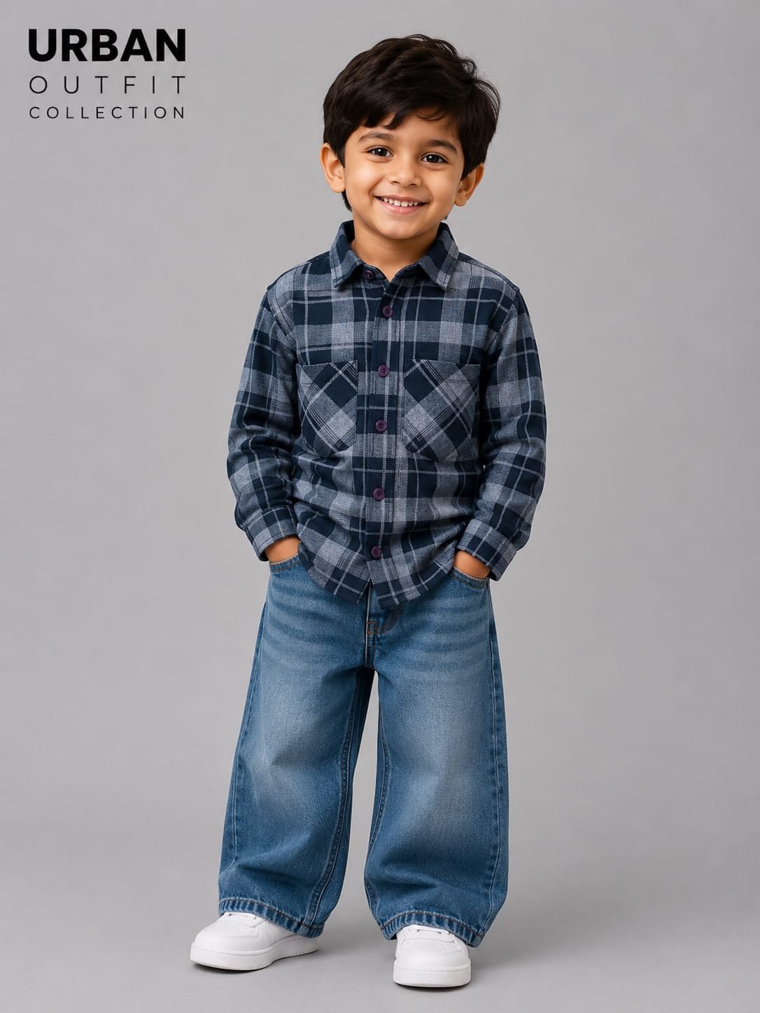 Kids Full Sleeve Plaid Flannel Shirt Navy Blue & Grey