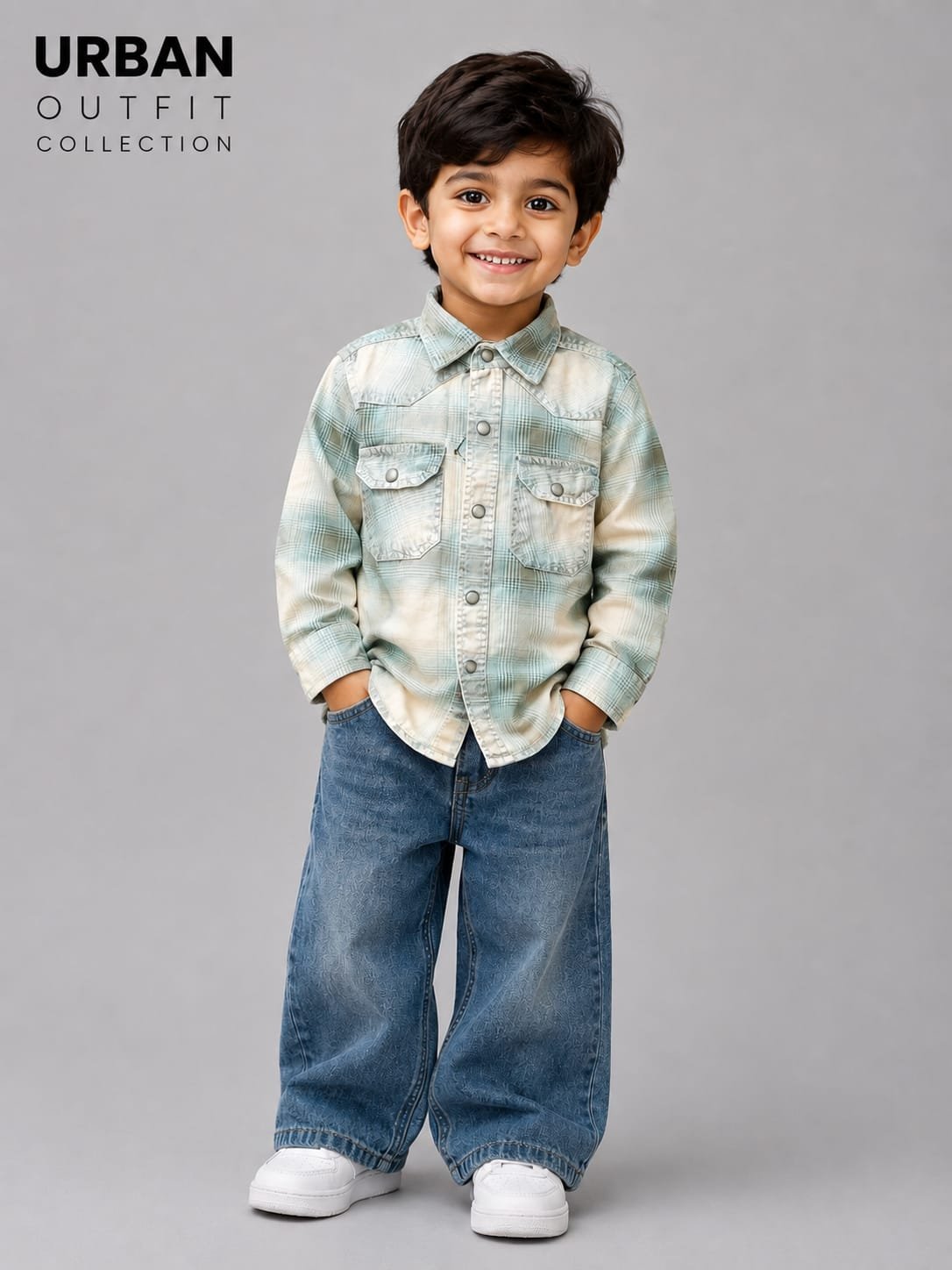 Kids Plaid Button-Up Check Shirt Sage Green & Cream