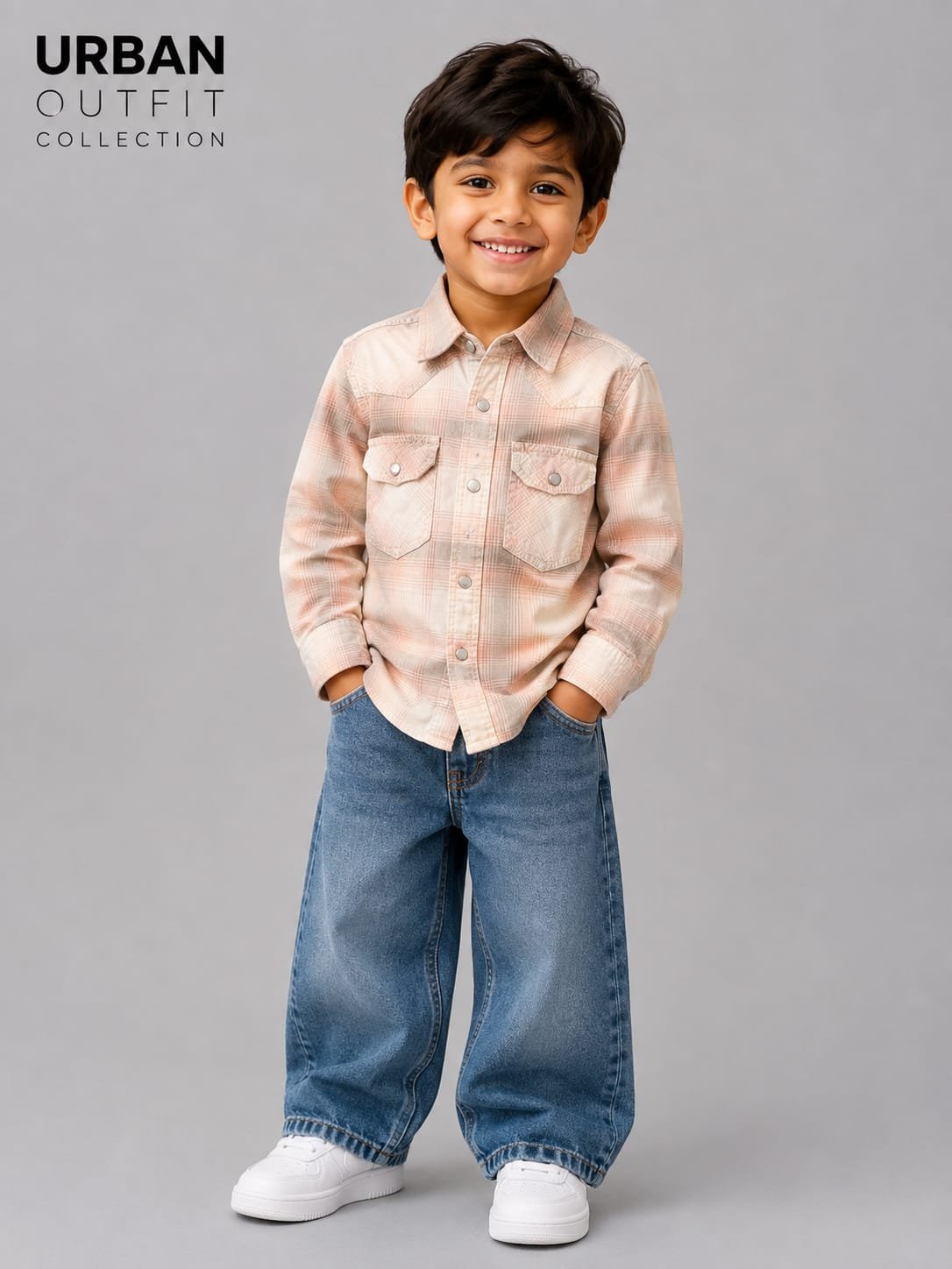 Kids Plaid Button-Up Check Shirt Light Pink & Beige