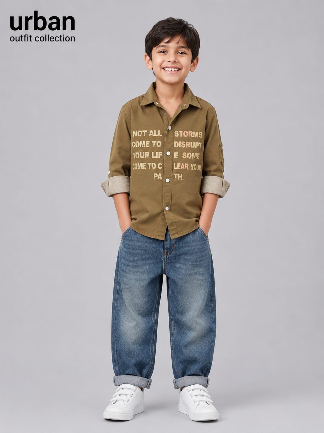 Kids camel typographic printed casual shirt