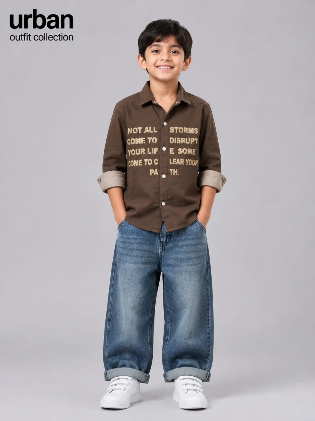 Kids brown typographic printed casual shirt