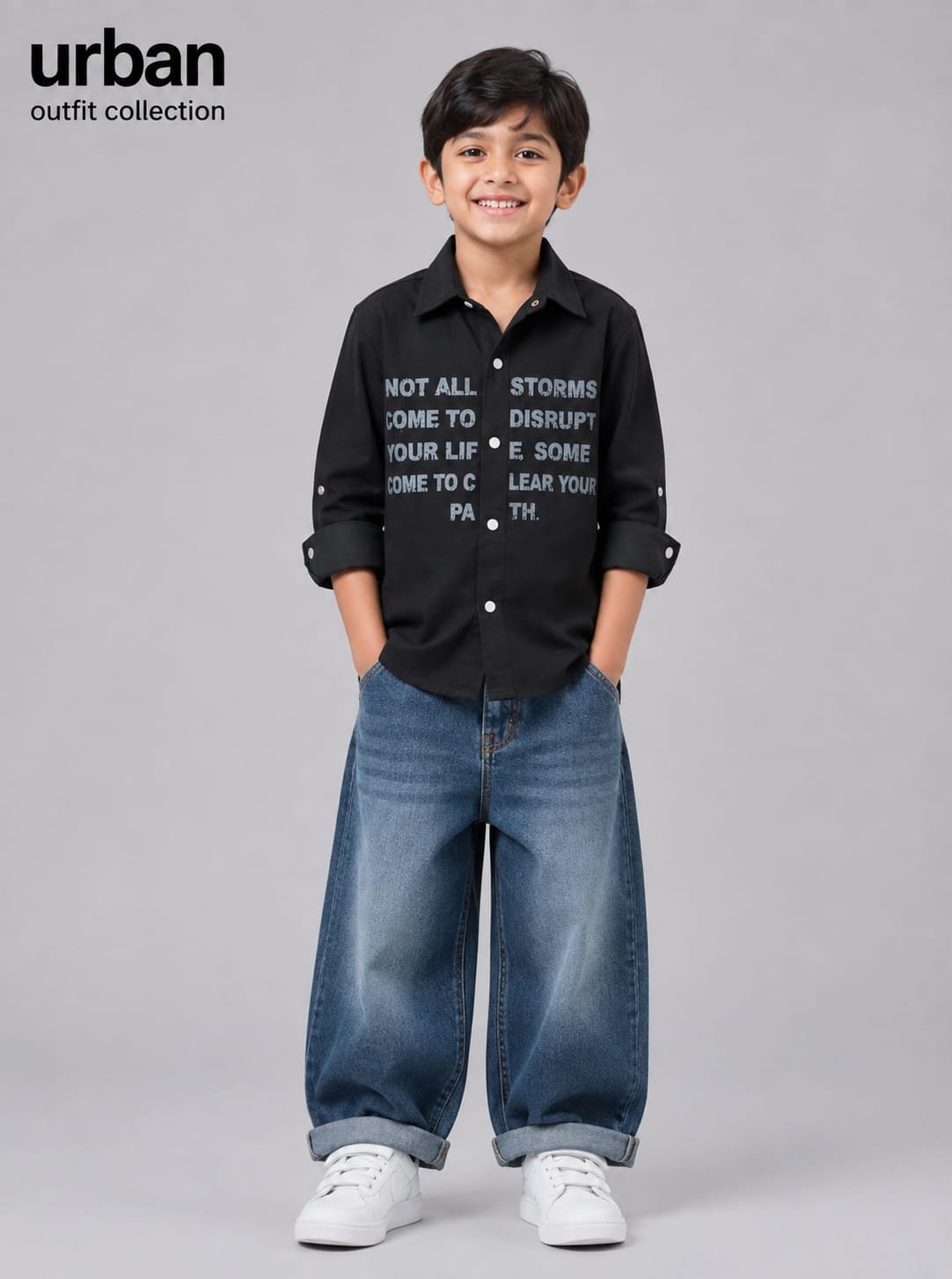 Kids black typographic printed casual shirt