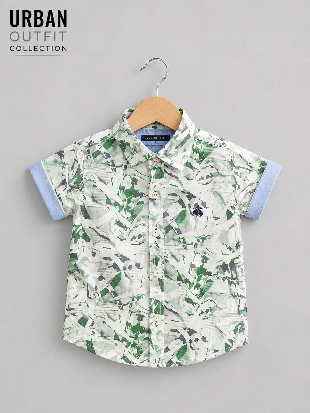 kids casual abstract graphic print green & white colour shirt