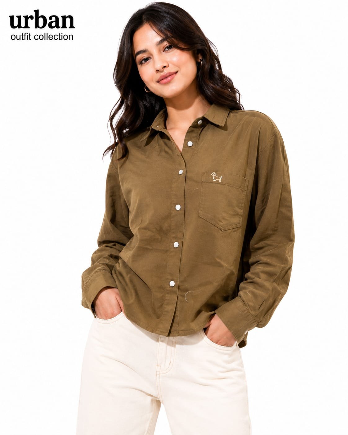 women's khaki green button-down casual shirt