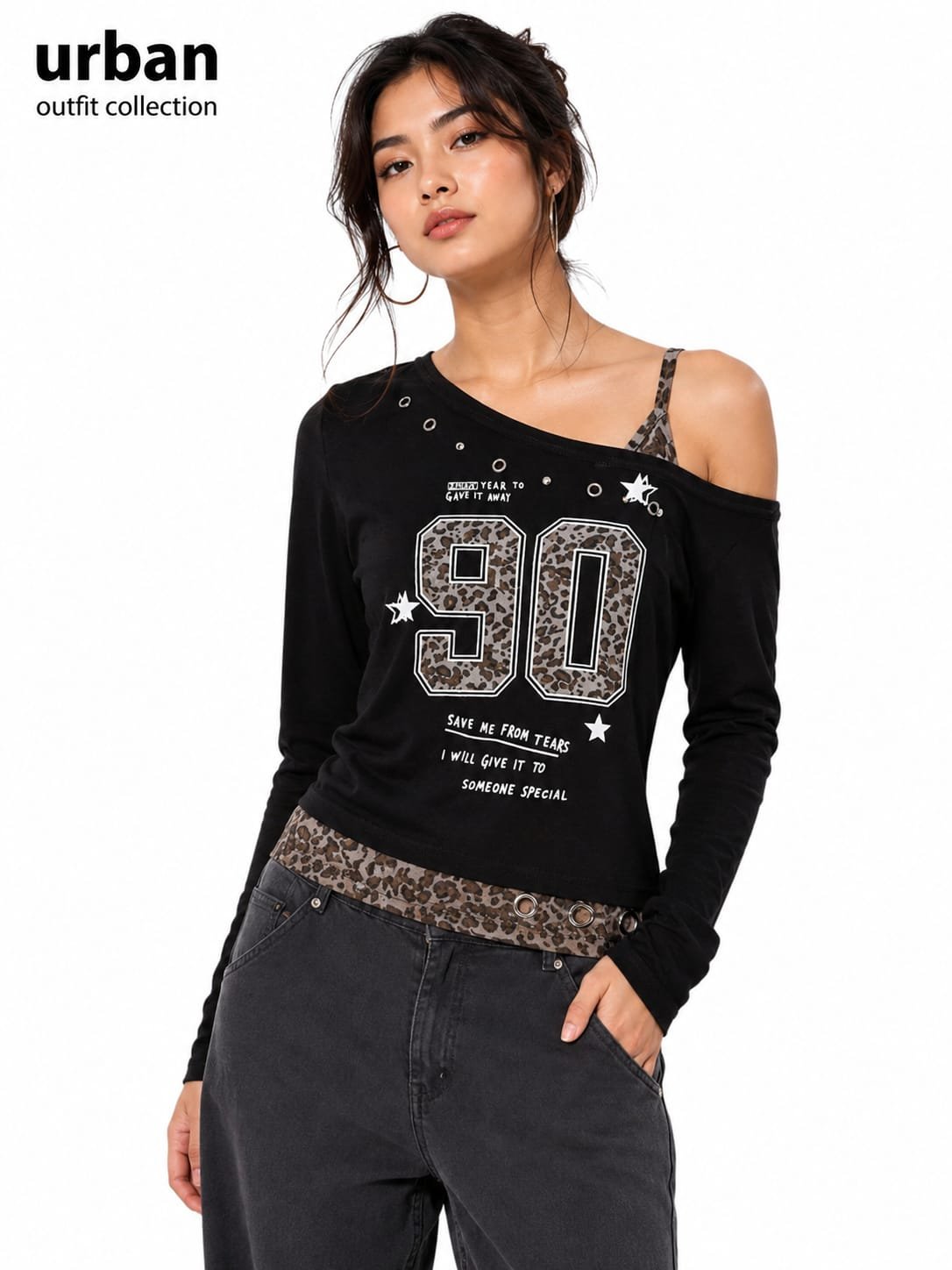 women's black with leopard-print accents  long-sleeve graphic top
