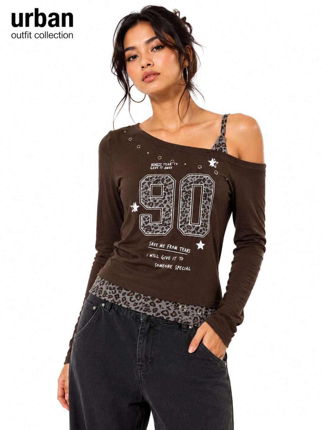 women's brown with leopard-print  long-sleeve graphic top