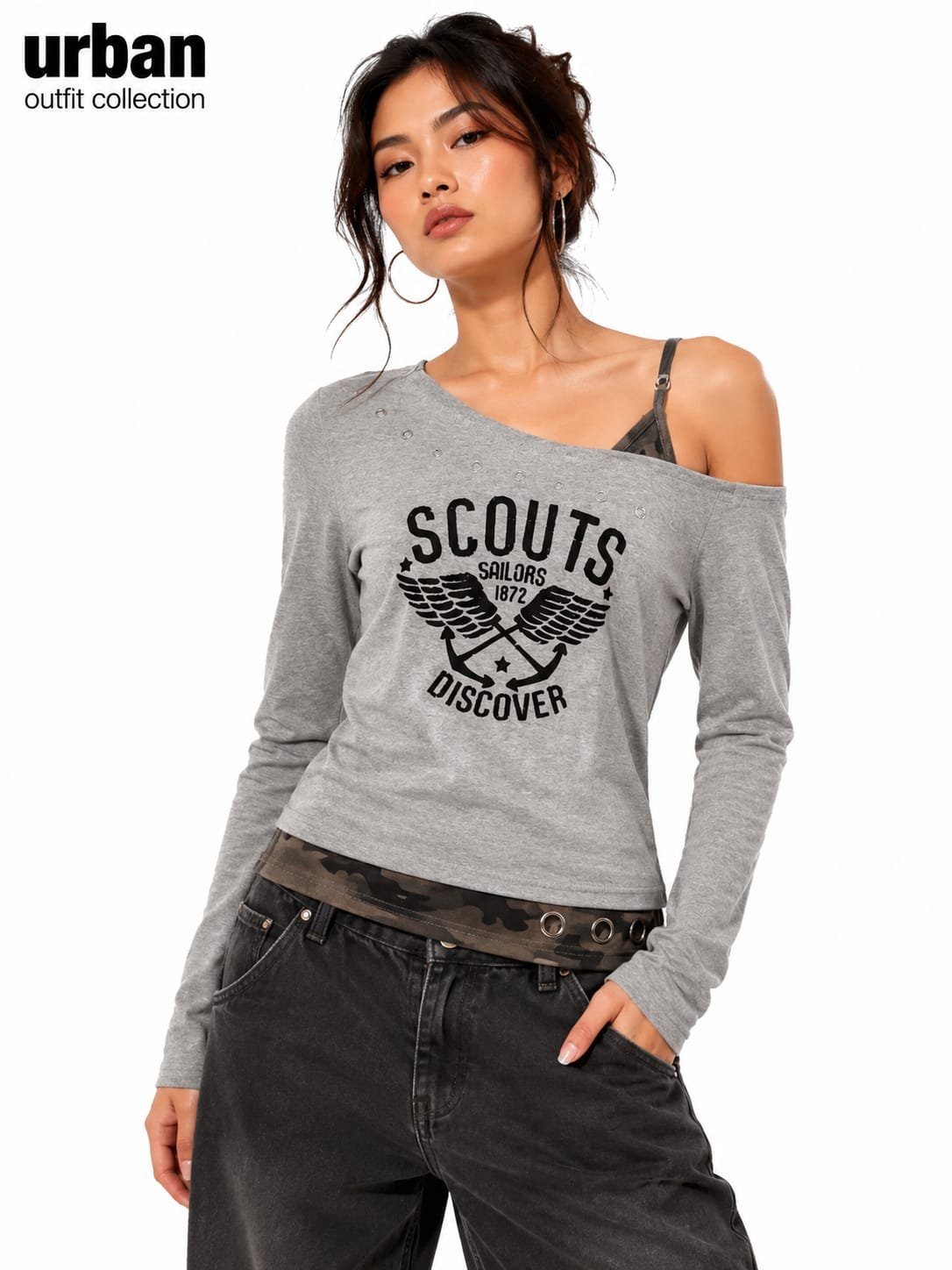 women's grey with leopard-print  long-sleeve graphic top