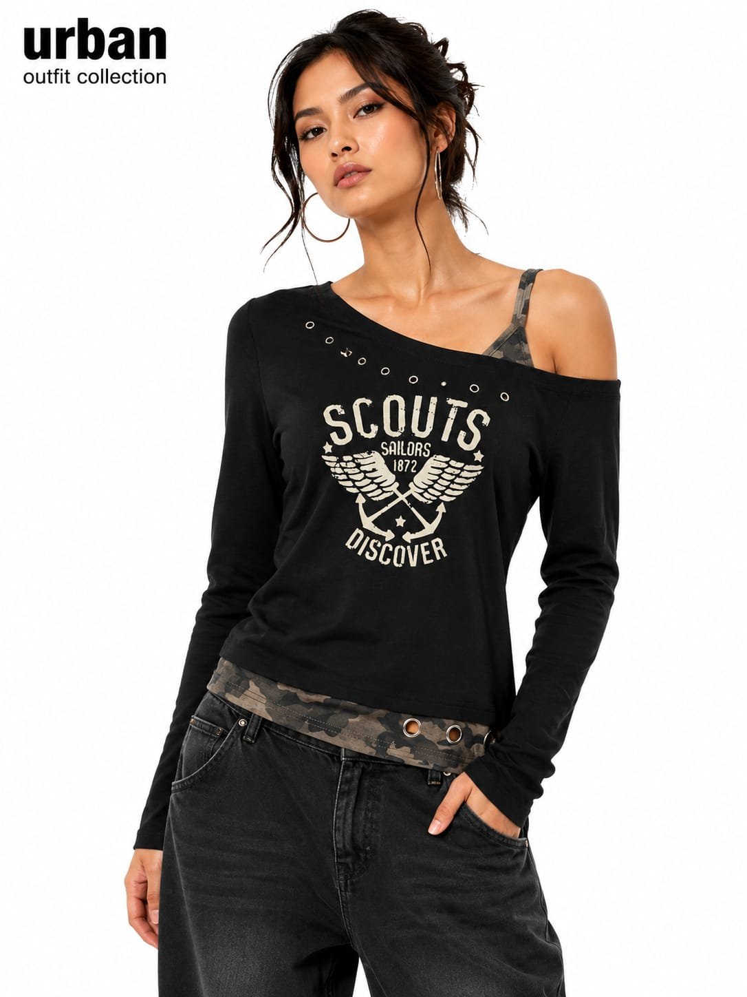 women's black with leopard-print  long-sleeve graphic top