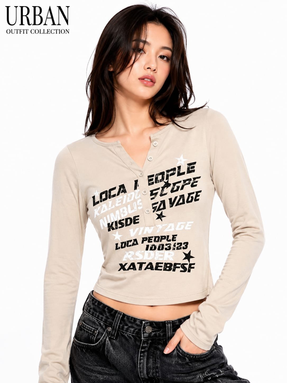 Women light tan long-sleeve  henley crop top.