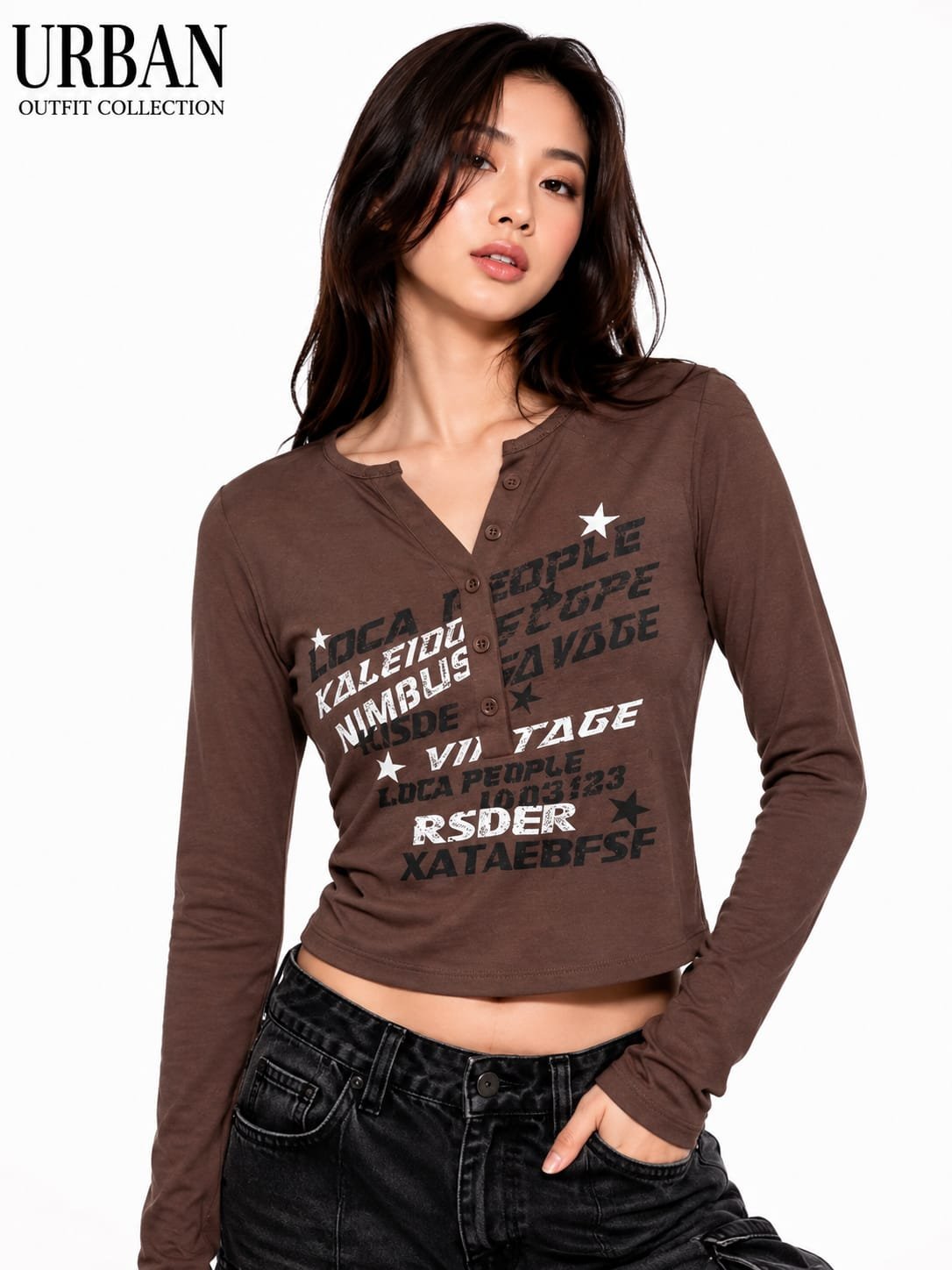 Women coffee long-sleeve  henley crop top