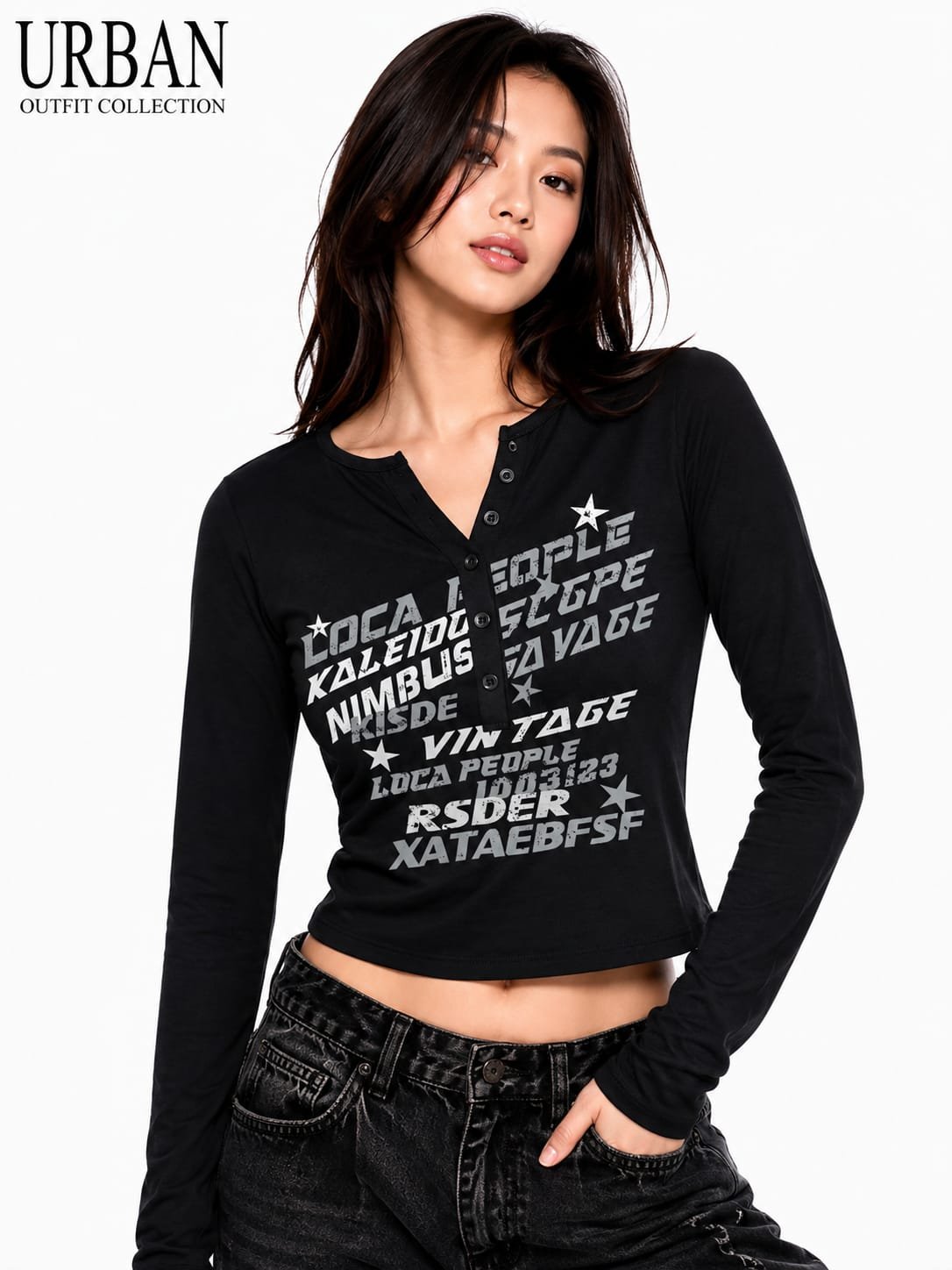 Women black long-sleeve henley crop top