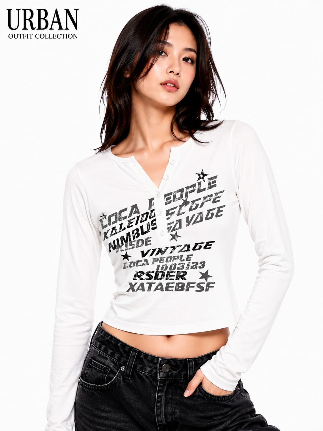Women white long-sleeve  henley crop top.