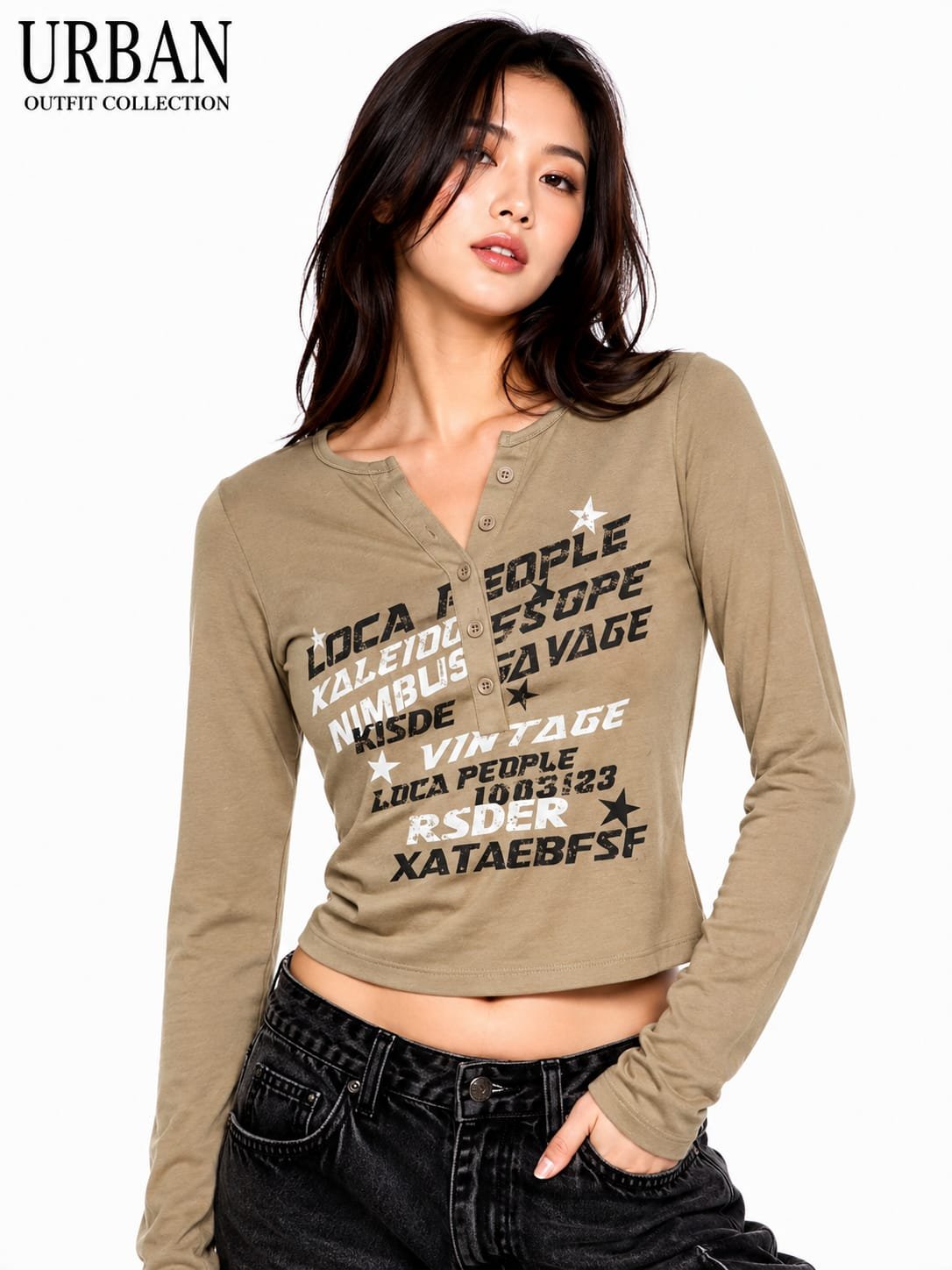 Women khaki brown long-sleeve  henley crop top