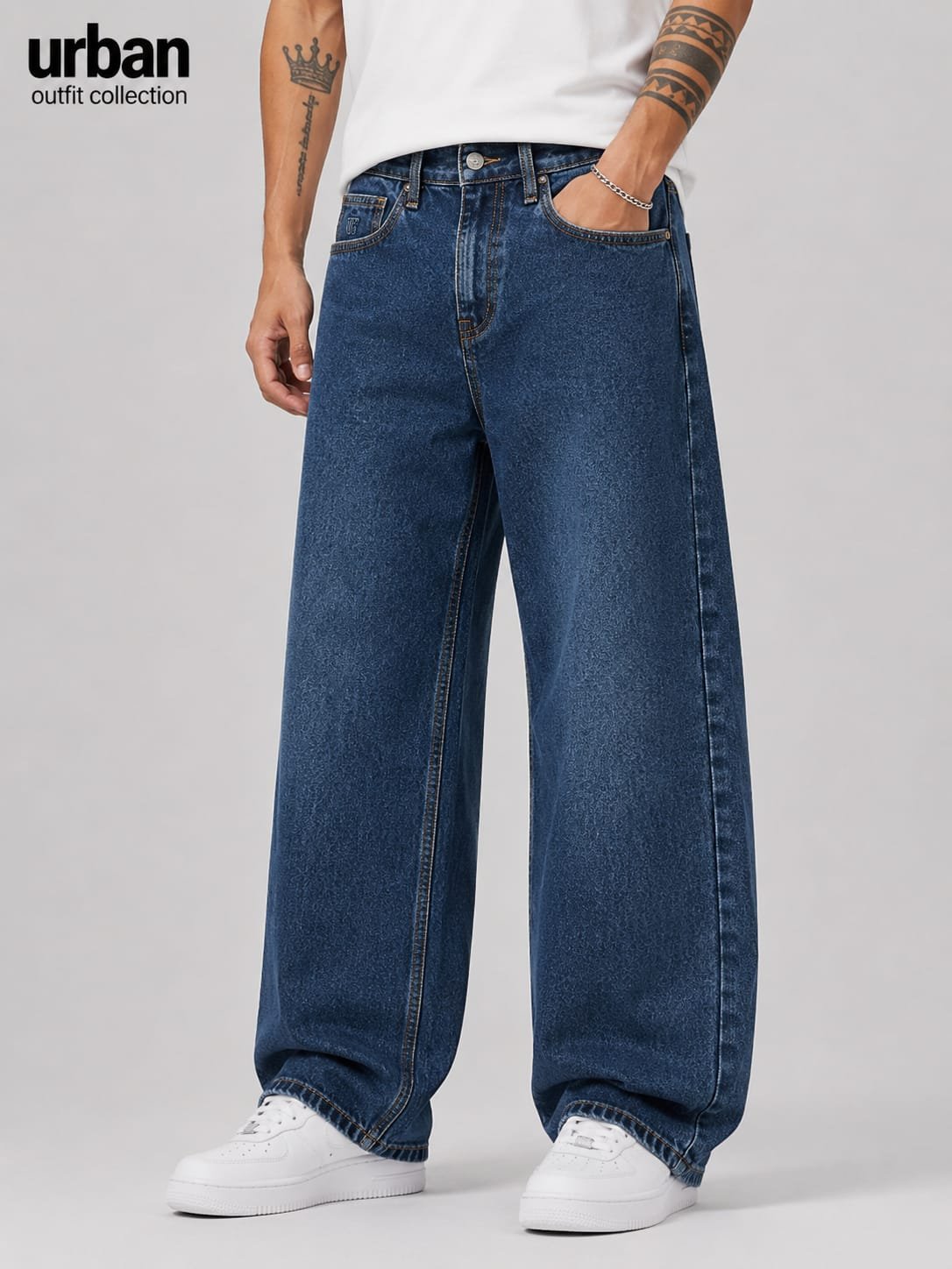 Men straight fit indigo blue streetwear denim jean