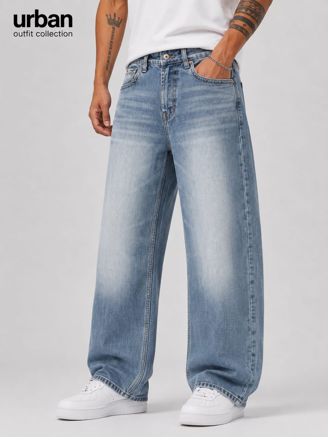 Men straight fit light blue streetwear denim jean