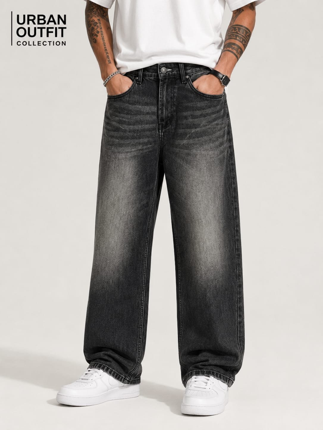 Men straight fit  streetwear charcoal dark grey denim jean