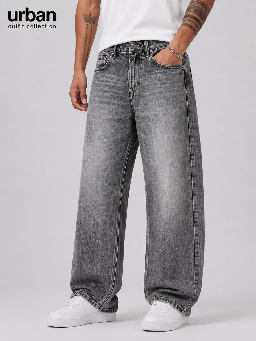 Men straight fit  streetwear acid wash grey denim jean
