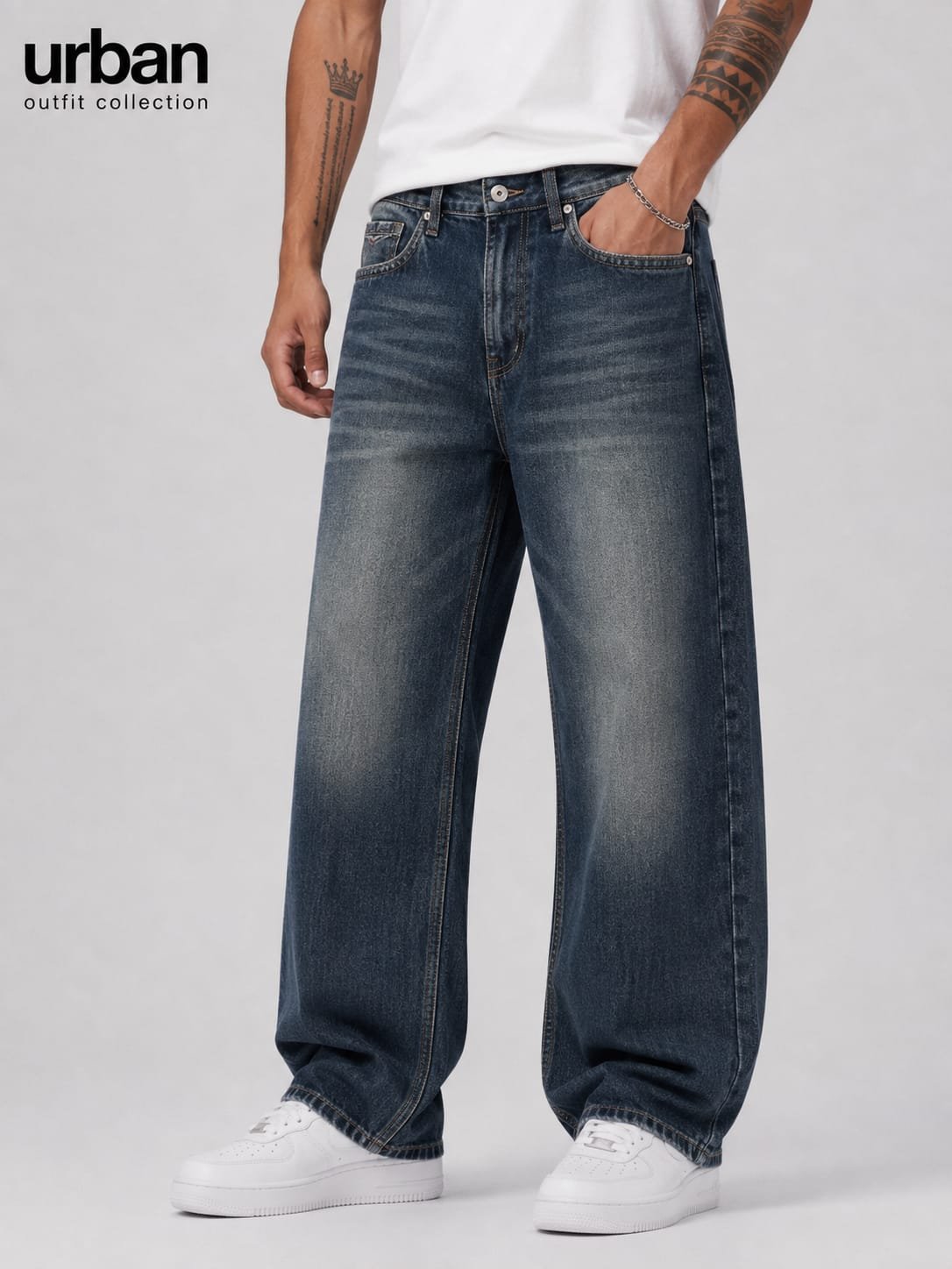 Men straight fit dark blue streetwear denim jean