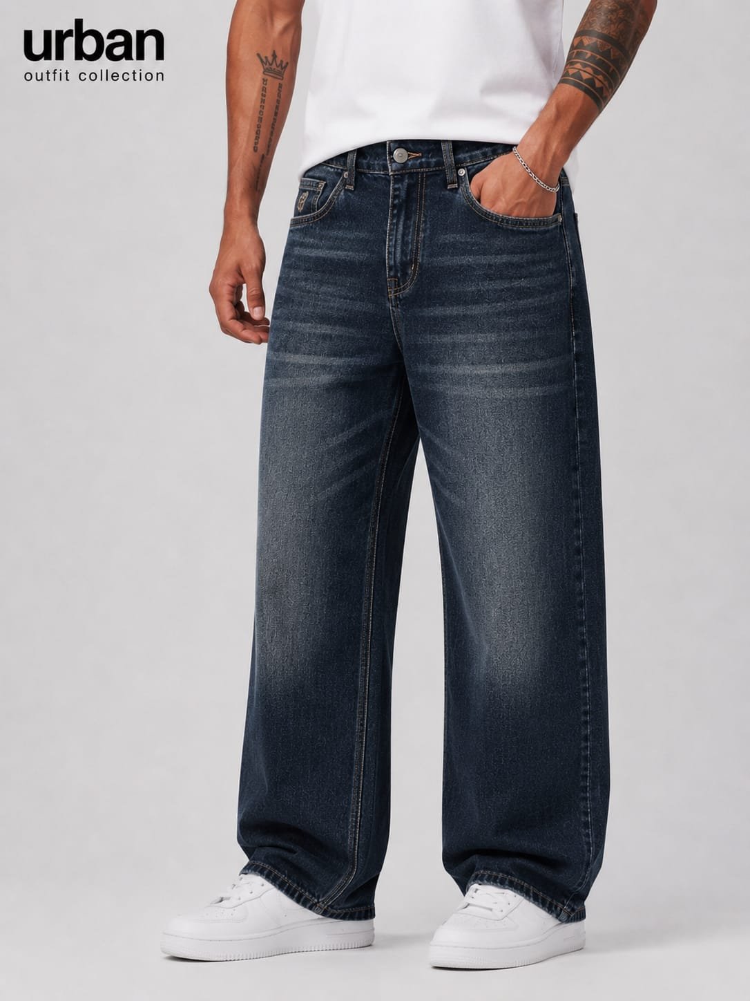 Men straight fit deep indigo blue streetwear denim jean